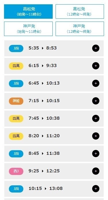 ジェイアール四国バス株式会社様ウェブサイト　スマートフォン版時刻表