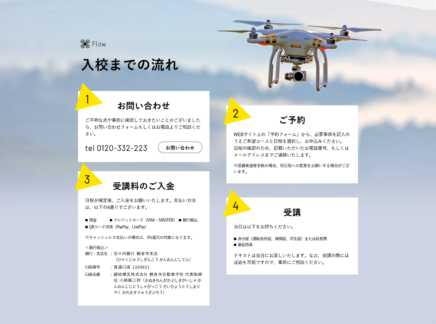 観音寺自動車学校様 ドローンスクールランディングページ　入校までの流れ