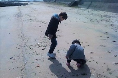 海辺でビーチコーミングする子ども
