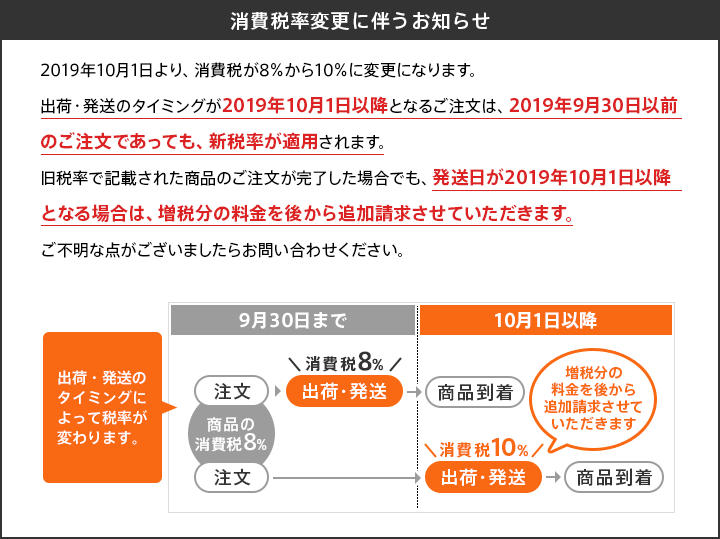 消費税率変更に伴うお知らせ/2019年10月1日より、消費税が8%から10%に変更になります。出荷・発送のタイミングが2019年10月1日以降となるご注文は、2019年9月30日以前のご注文であっても、新税率の10%が適用されます。旧税率で記載された商品のご注文が完了した場合でも、発送日が2019年10月1日以降となる場合は、増税分の料金を後から追加請求させていただきます。ご不明な点がございましたらお問い合わせください。
