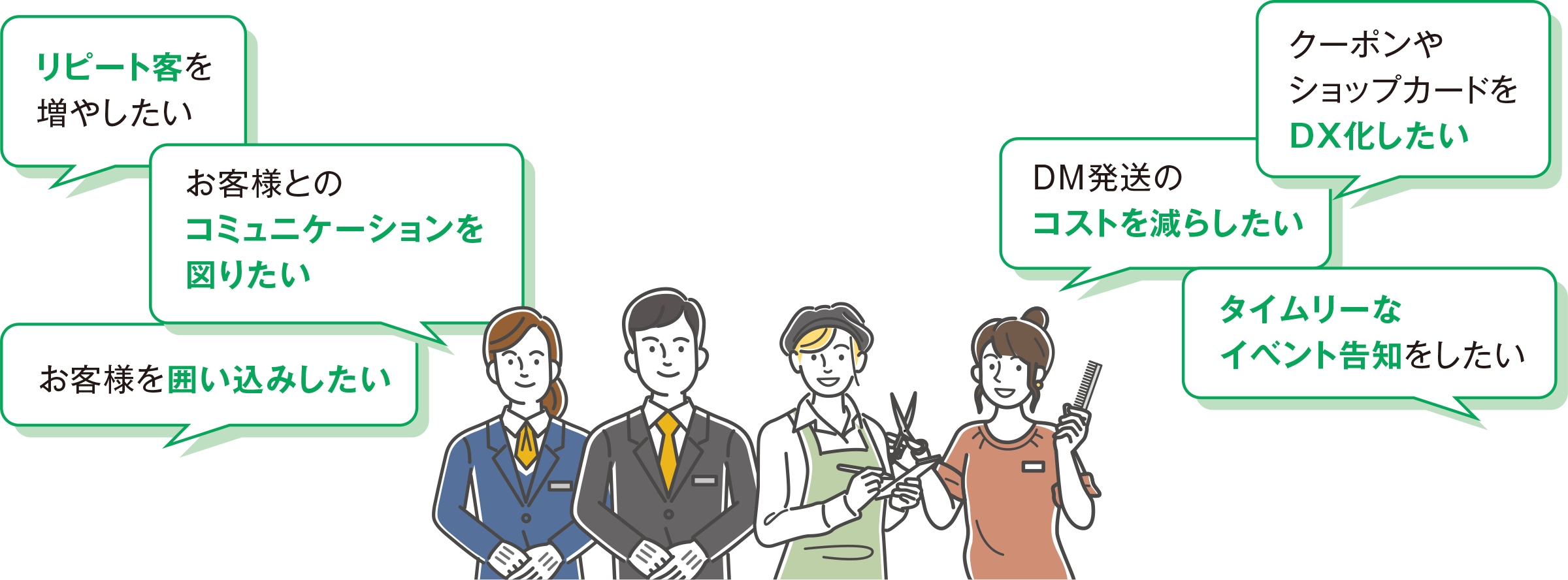 リピート客を増やしたい／お客様とのコミュニケーションを図りた／お客様を囲い込みしたい／クーポンやショップカードをDX化したい／DM発想のコストを減らしたい／タイムリーなイベント告知をしたい